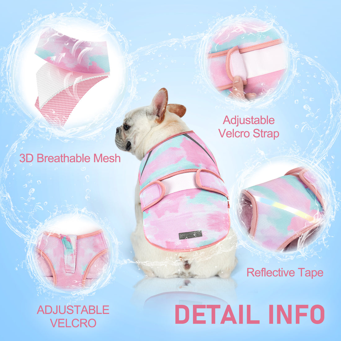 Lightweight mesh cooling dog vest with reflective trim in pink and teal on a dog