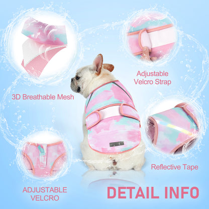 Lightweight mesh cooling dog vest with reflective trim in pink and teal on a dog