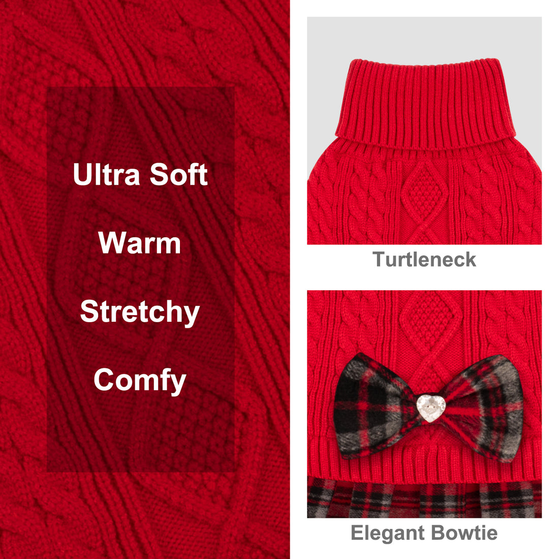 Red turtleneck cable knit dog sweater with heart pattern and plaid bow