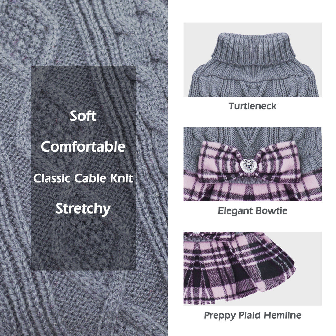 Gray cable knit dog sweater with turtleneck and pink-plaid bow and ruffle hem