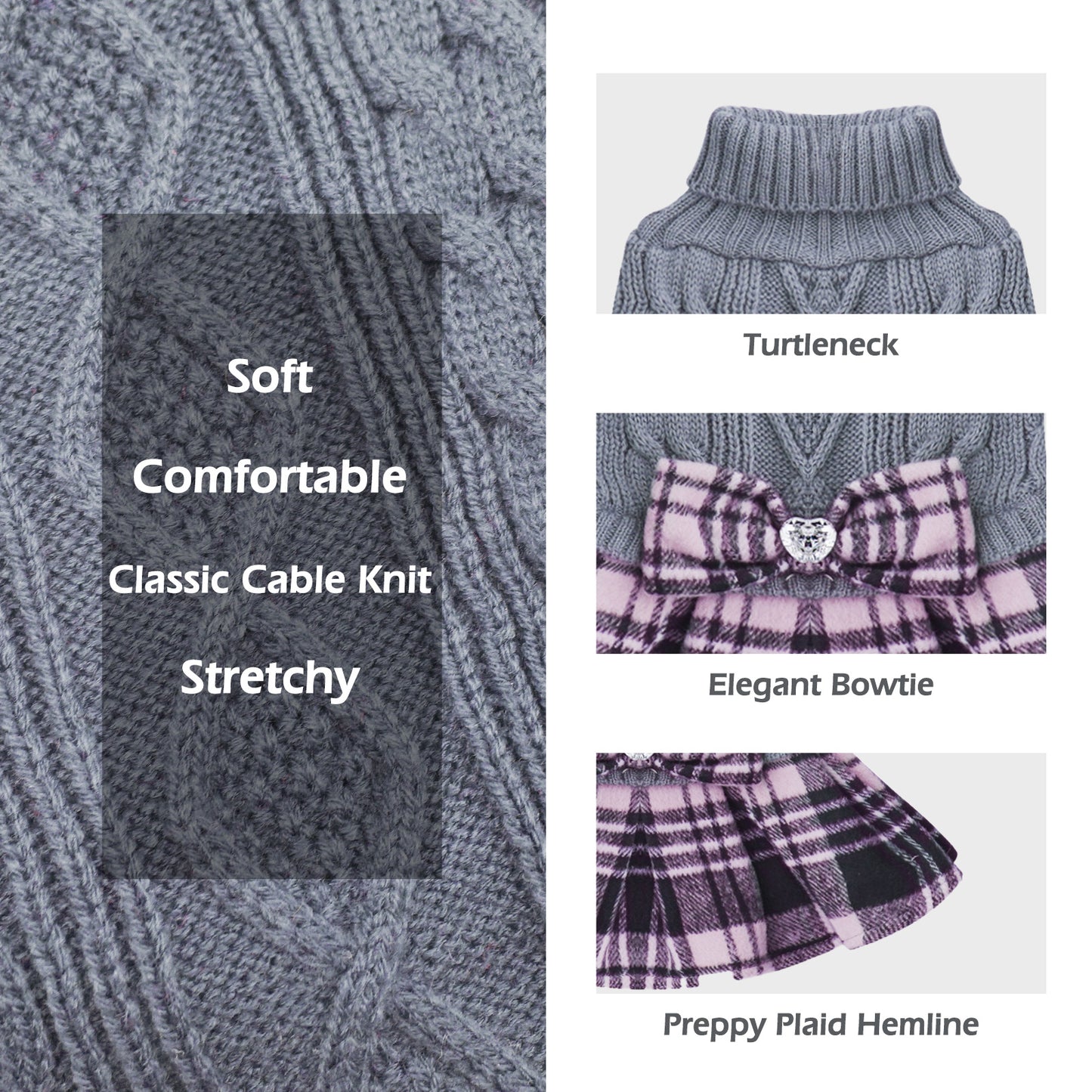 Gray cable knit dog sweater with turtleneck and pink-plaid bow and ruffle hem