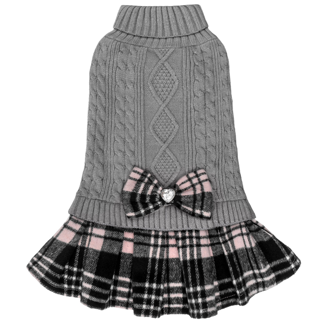 Gray cable knit dog sweater with turtleneck, pink plaid ruffle hem, jeweled bow