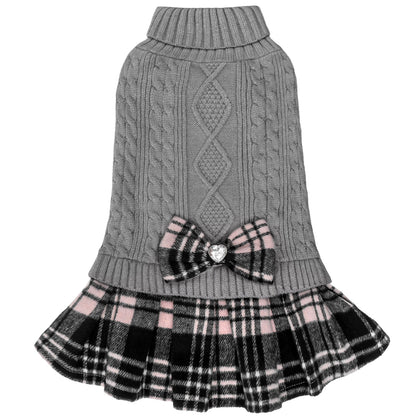 Gray cable knit dog sweater with turtleneck, pink plaid ruffle hem, jeweled bow