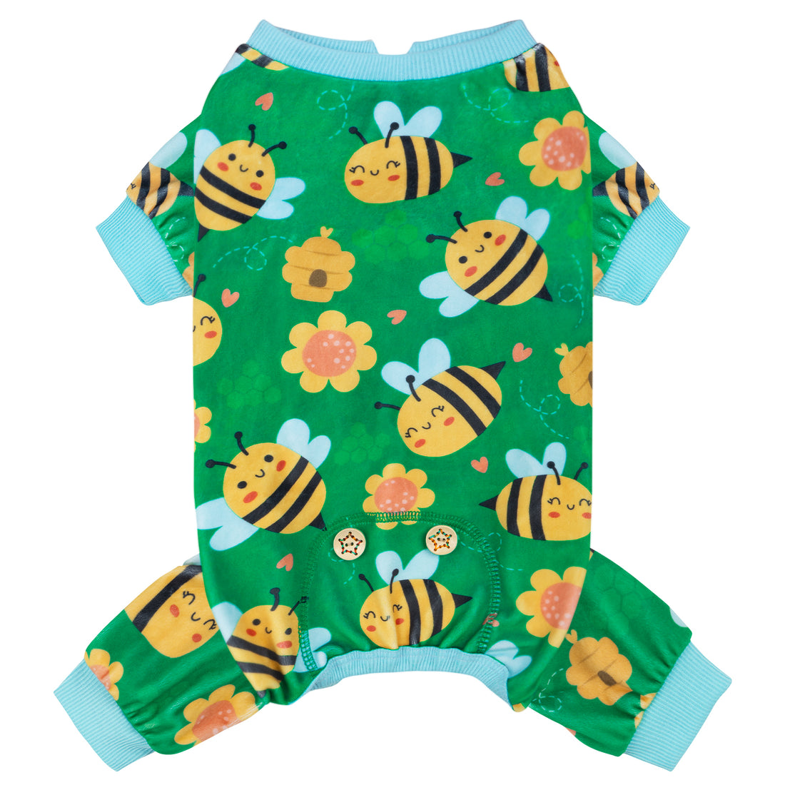Green dog onesie pajamas with bee and flower print, front view, light blue trim on legs.