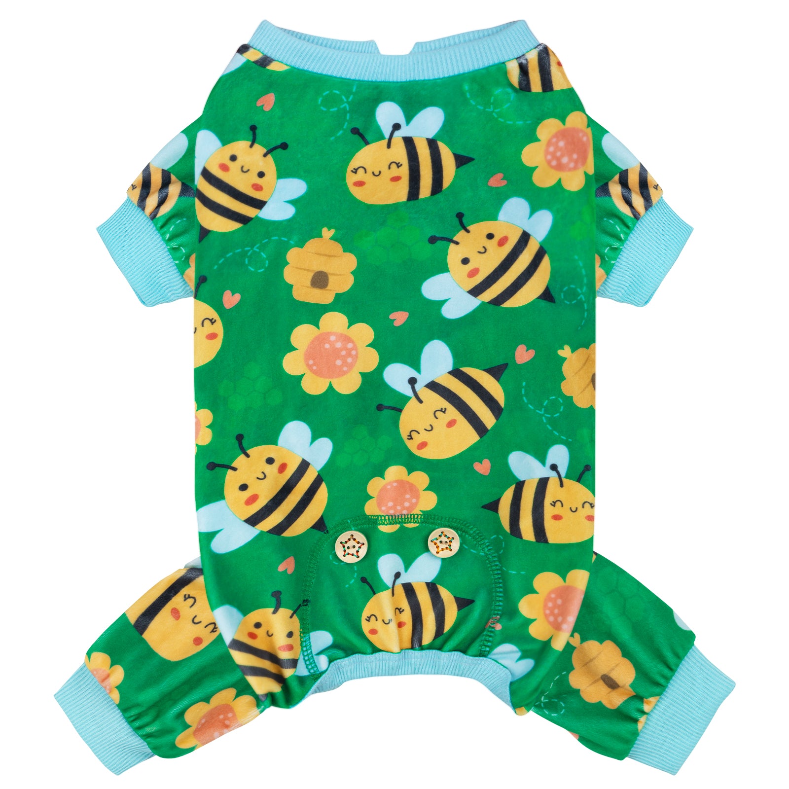 Green dog onesie pajamas with bee and flower print, front view, light blue trim on legs.