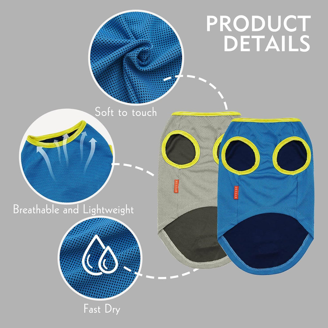 Dog cooling shirt details showing breathable mesh, yellow trim, and rounded leg openings.