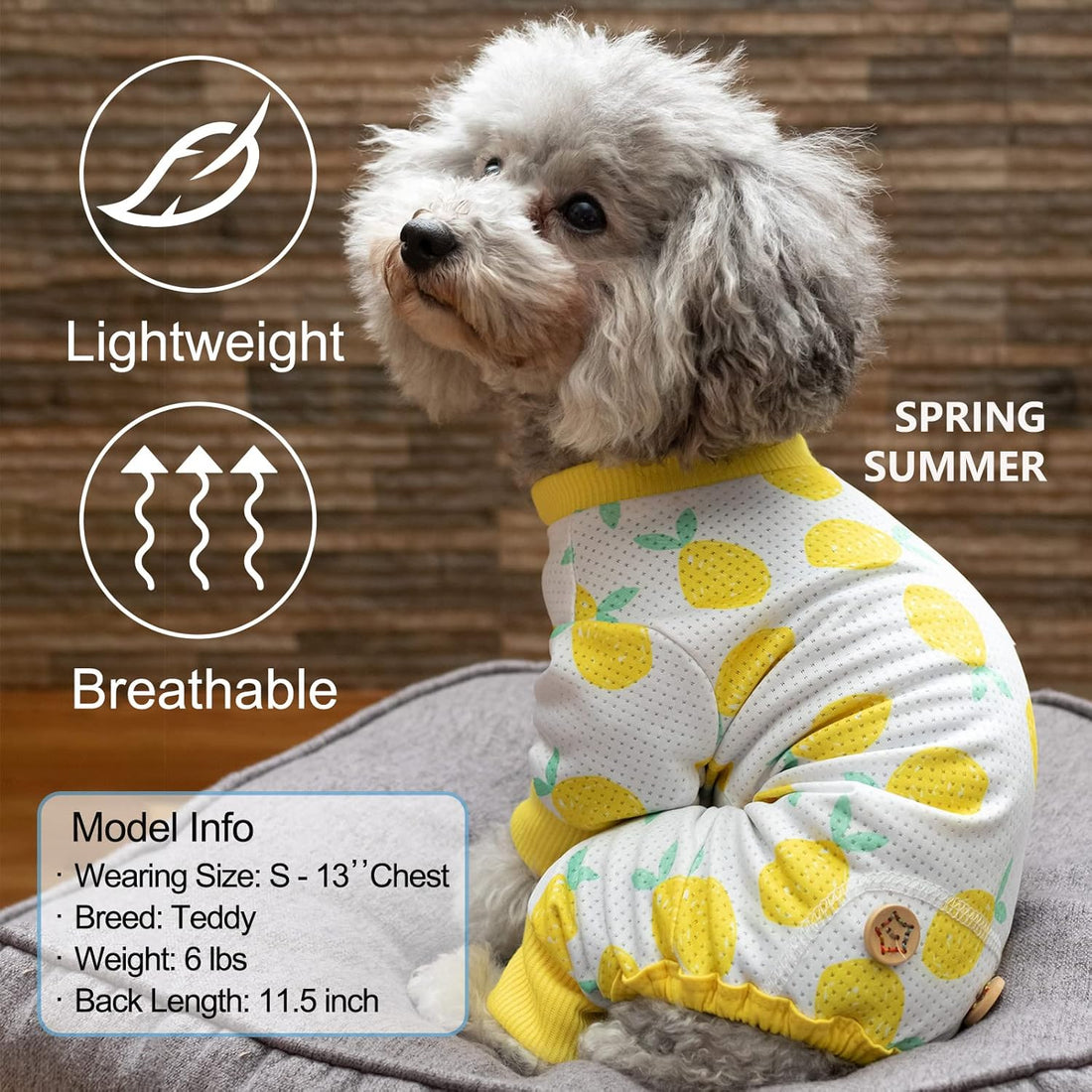 Yellow lemon-print dog mesh onesie pajamas with breathable lightweight summer fit