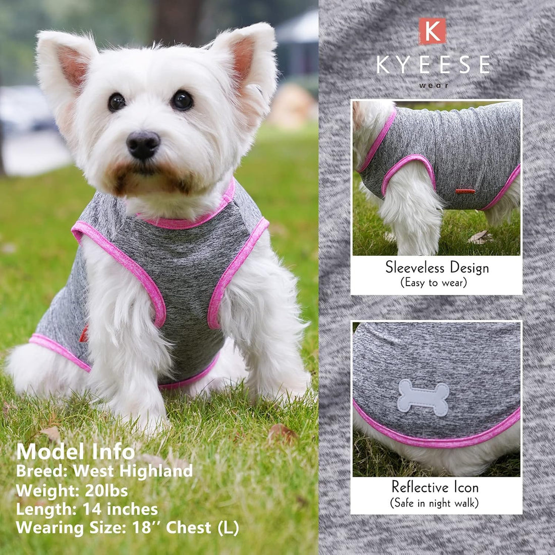 Gray sleeveless dog shirt with pink trim and reflective bone detail