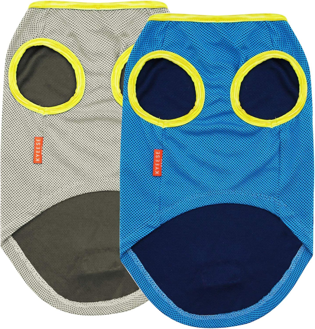 Dog cooling shirt 2 pack shown flat: gray and blue mesh with yellow trim and paw openings.