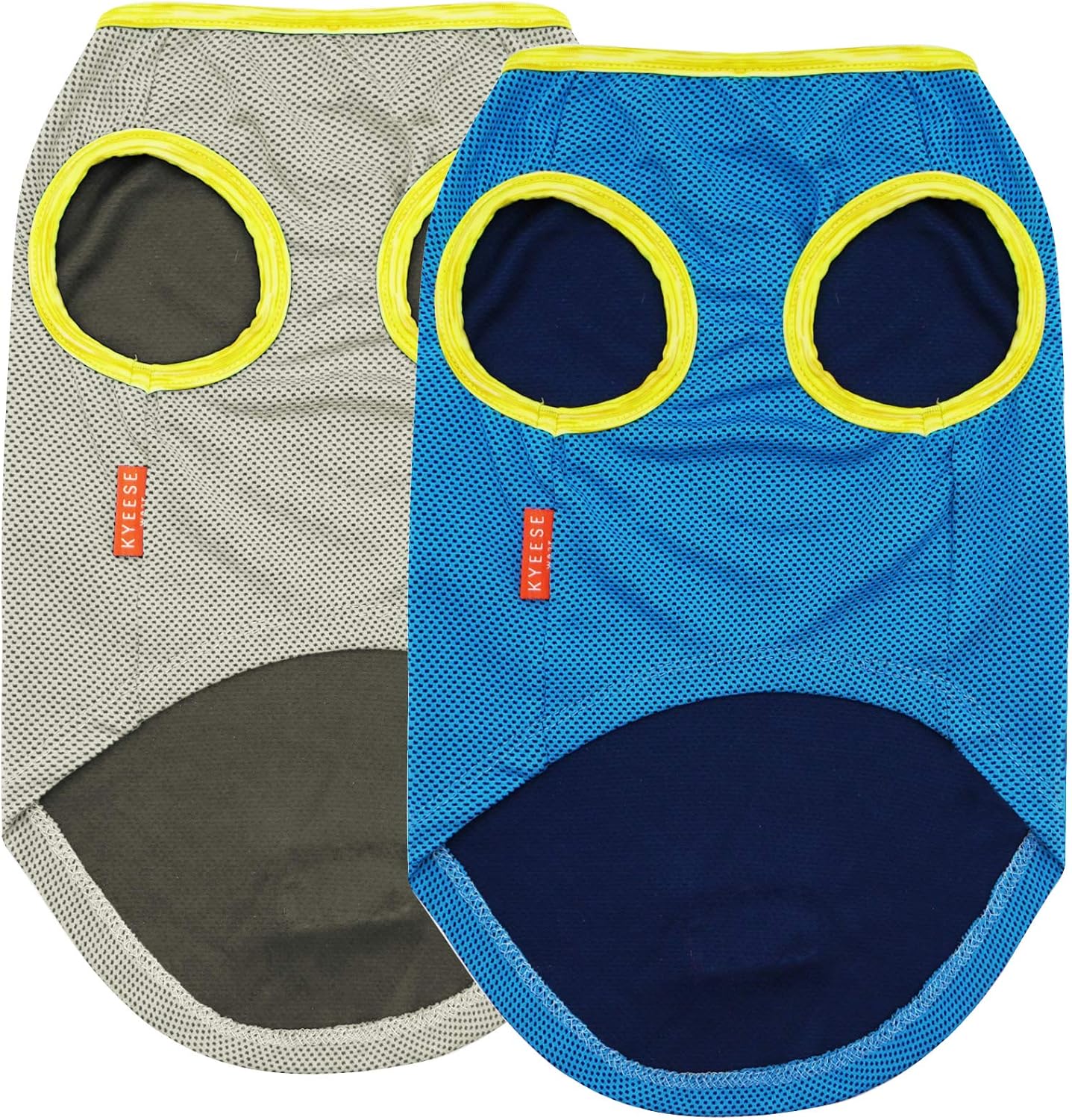 Dog cooling shirt 2 pack shown flat: gray and blue mesh with yellow trim and paw openings.