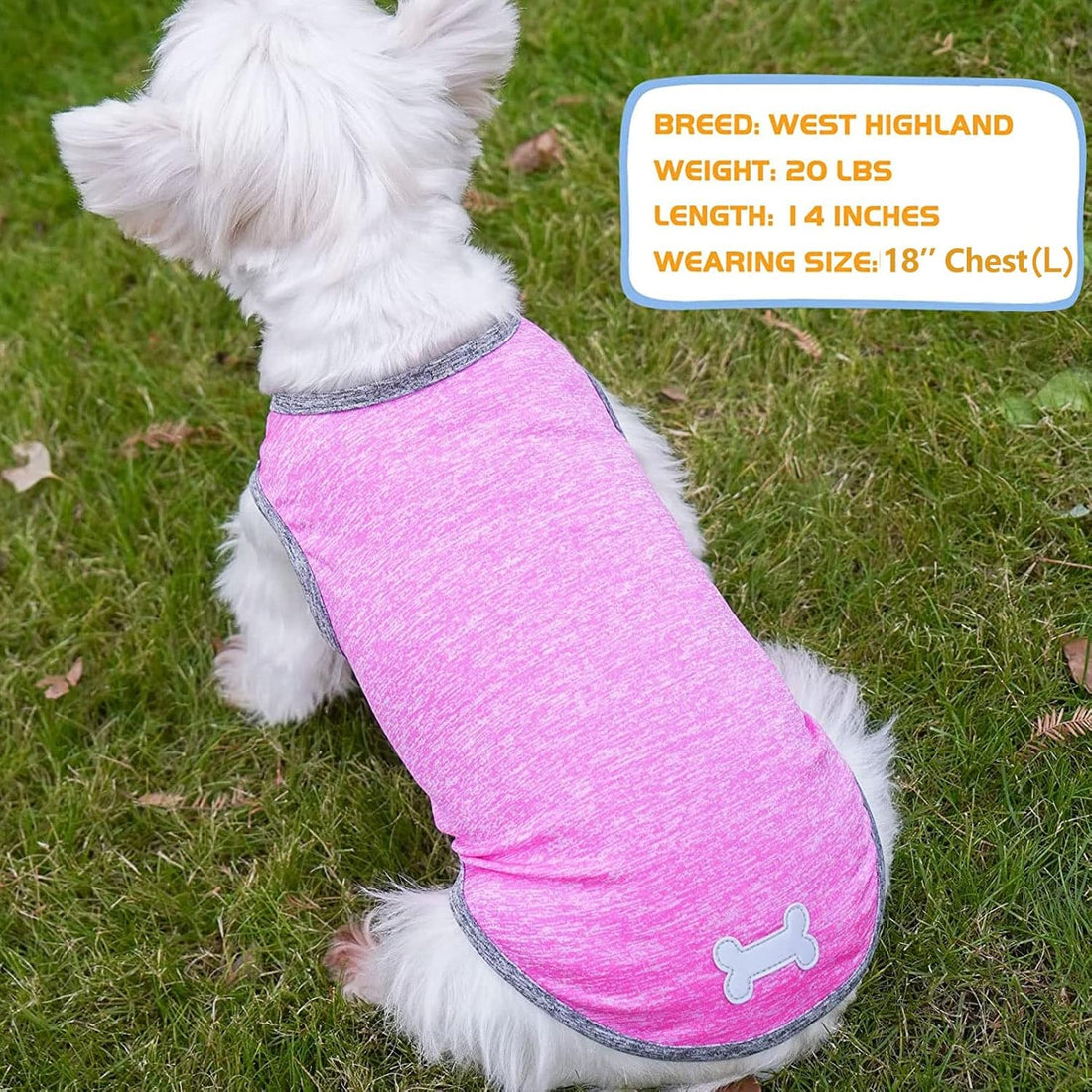Pink sleeveless dog shirt with gray trim and reflective bone emblem
