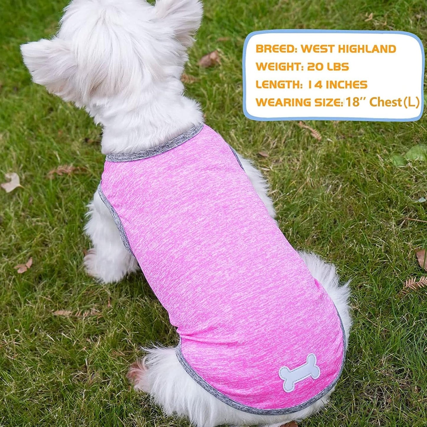 Pink sleeveless dog shirt with gray trim and reflective bone emblem