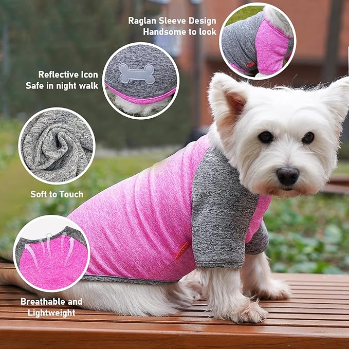 Lightweight dog raglan shirt in heather pink and gray with bone applique and short raglan sleeves