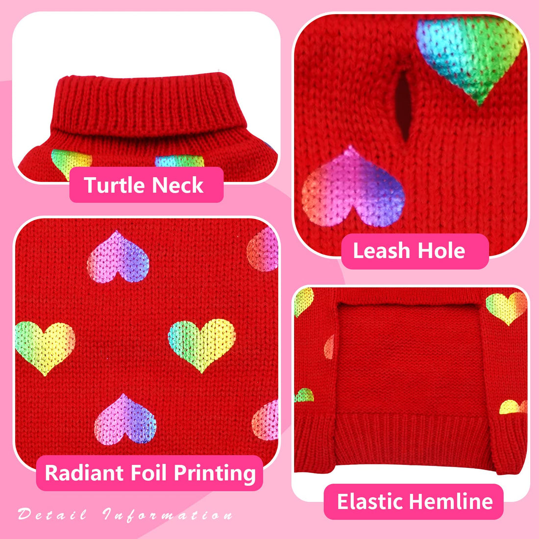 Red dog sweater with turtleneck, heart foil print, leash hole, elastic hem
