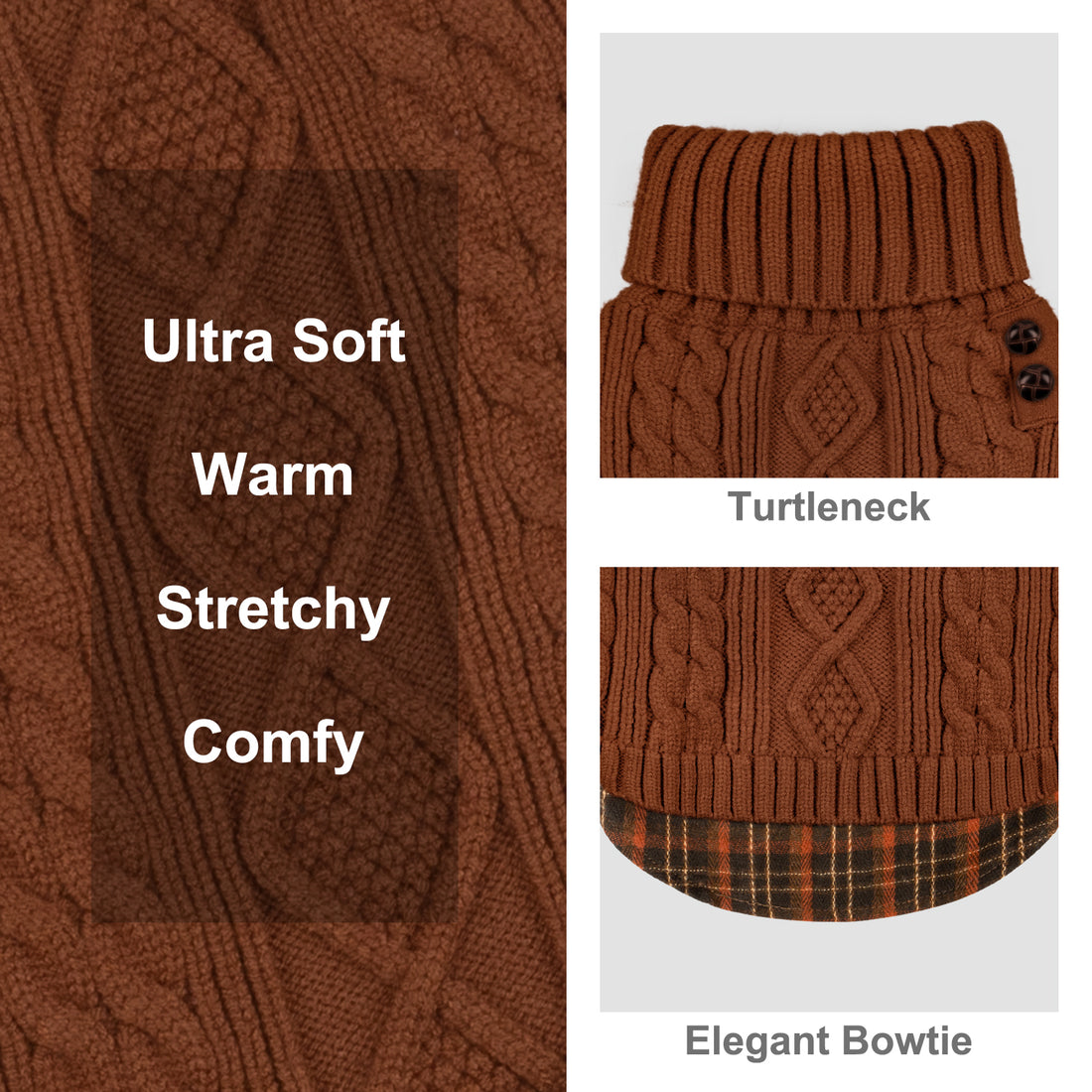 Brown cable-knit turtleneck dog sweater with ribbed collar and two-button chest