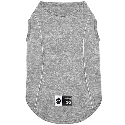 Lightweight reflective dog shirt in heather grey, back view with chest label