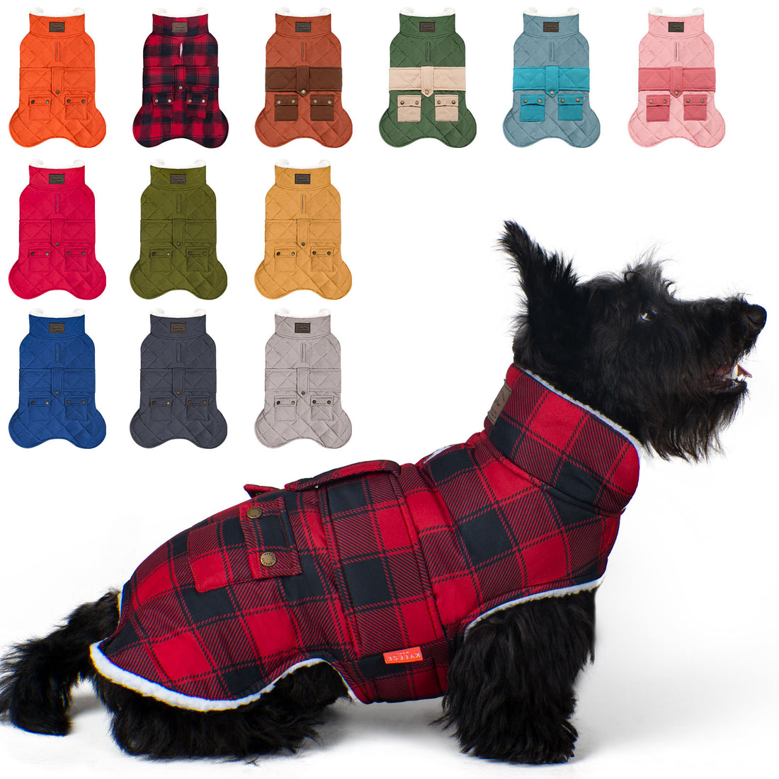 Plaid windproof dog coat with hood and pockets, red/black plaid, worn on a dog