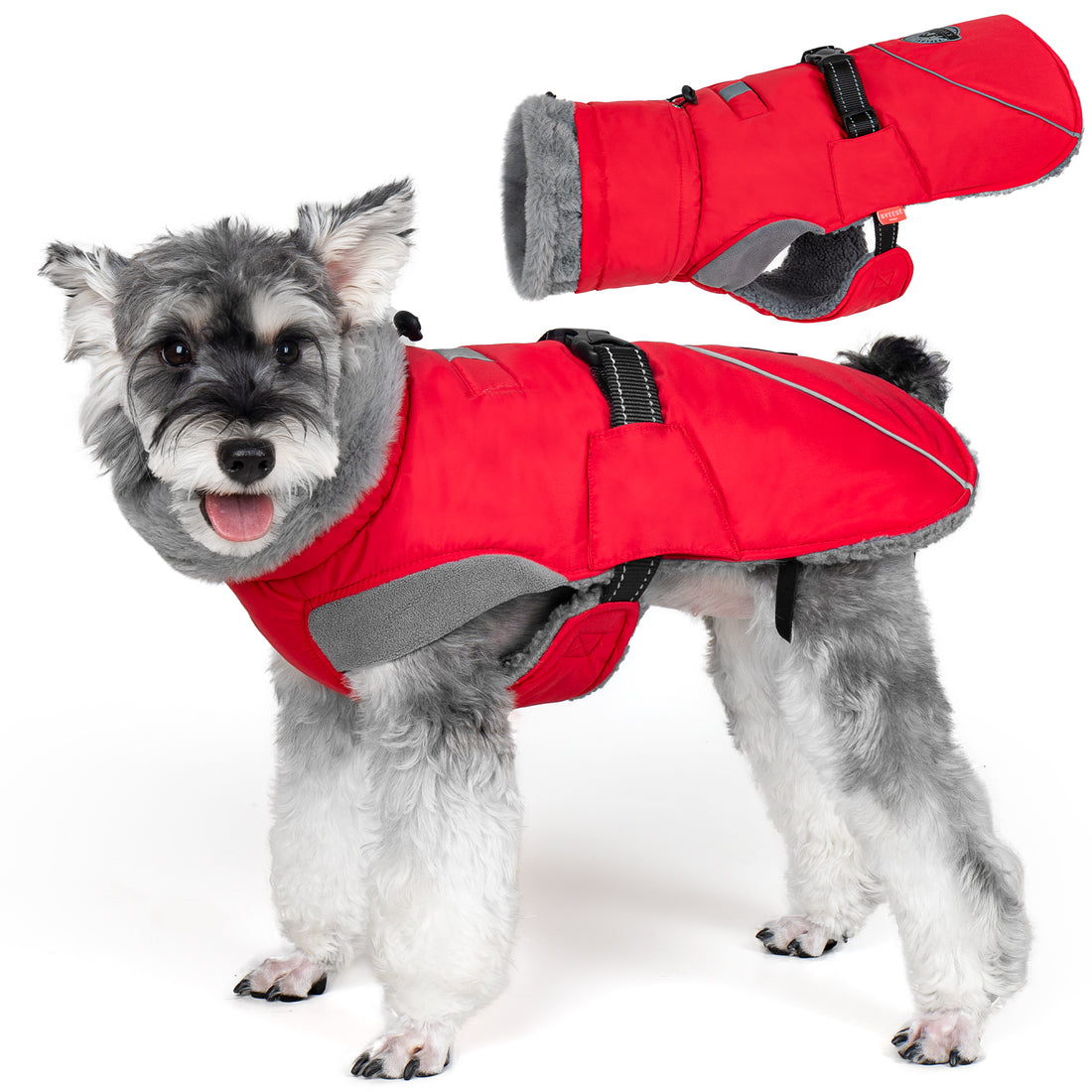 Red fleece-lined winter dog coat with grey collar and black adjustable chest strap