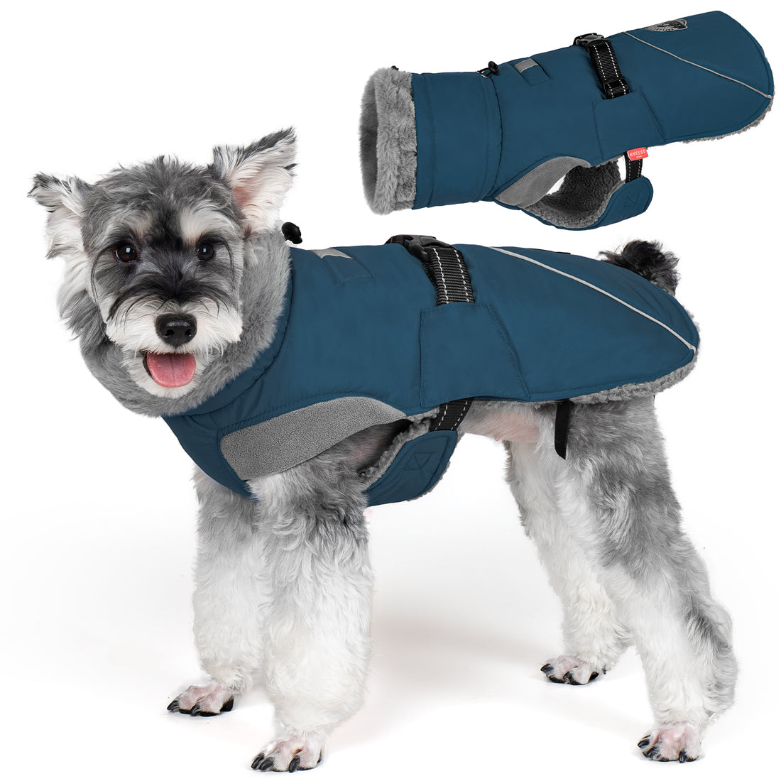 Blue fleece-lined winter dog coat with grey collar and black adjustable chest strap