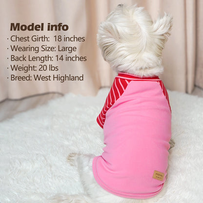 Pink dog shirt with red striped yoke and stretchy belly panel; back view