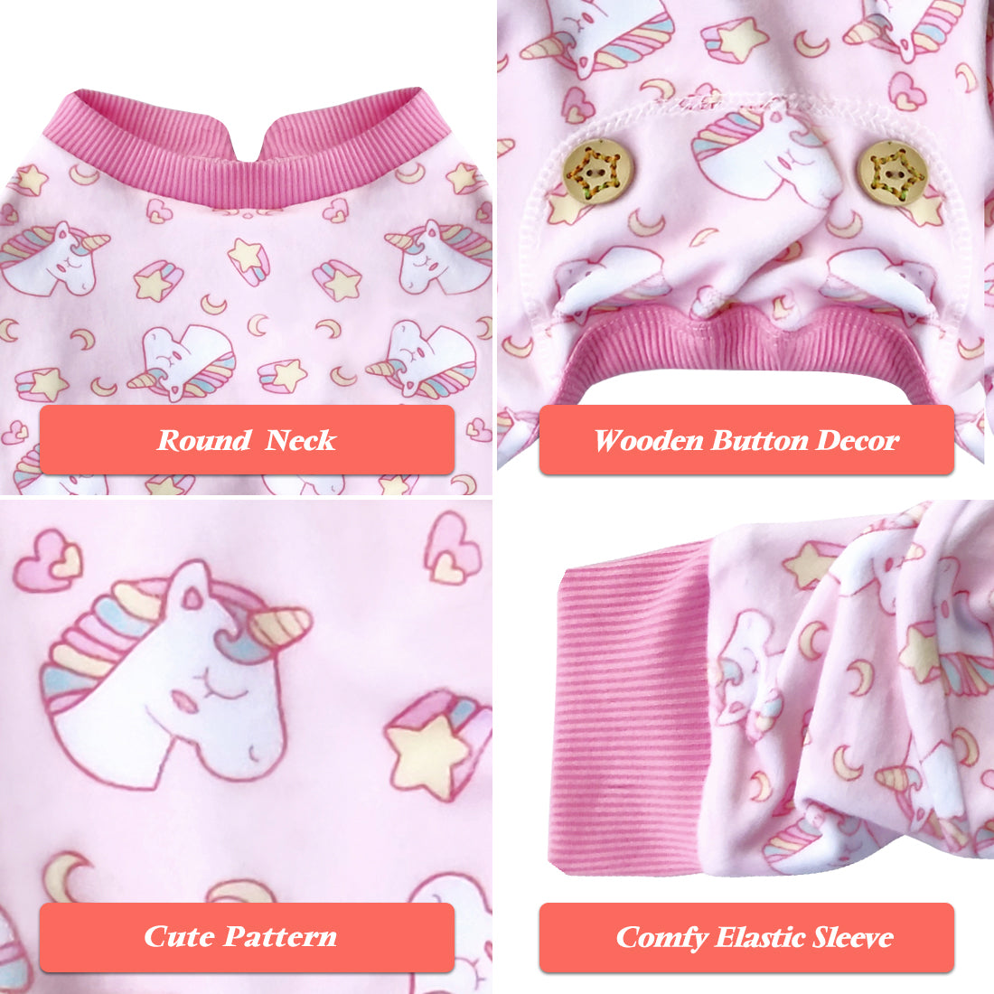Light pink unicorn dog print dog onesie with striped cuffs and decorative wooden buttons