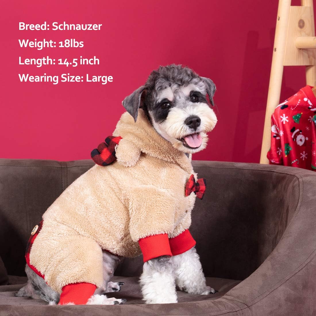 Tan fleece dog onesie with reindeer antler hood and red-and-black plaid trim