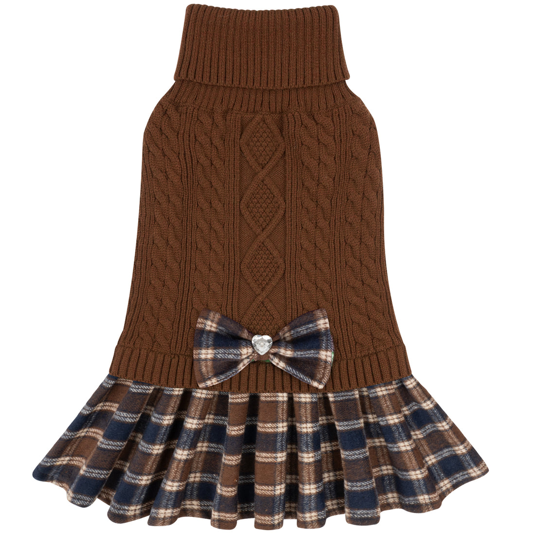 Brown cable knit dog sweater with turtleneck, plaid skirt hem, and bow accent