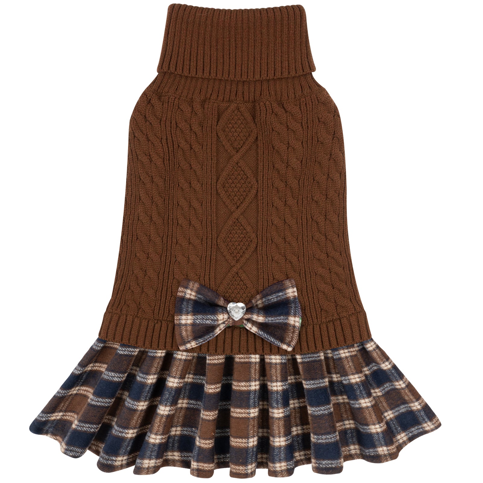 Brown cable knit dog sweater with turtleneck, plaid skirt hem, and bow accent
