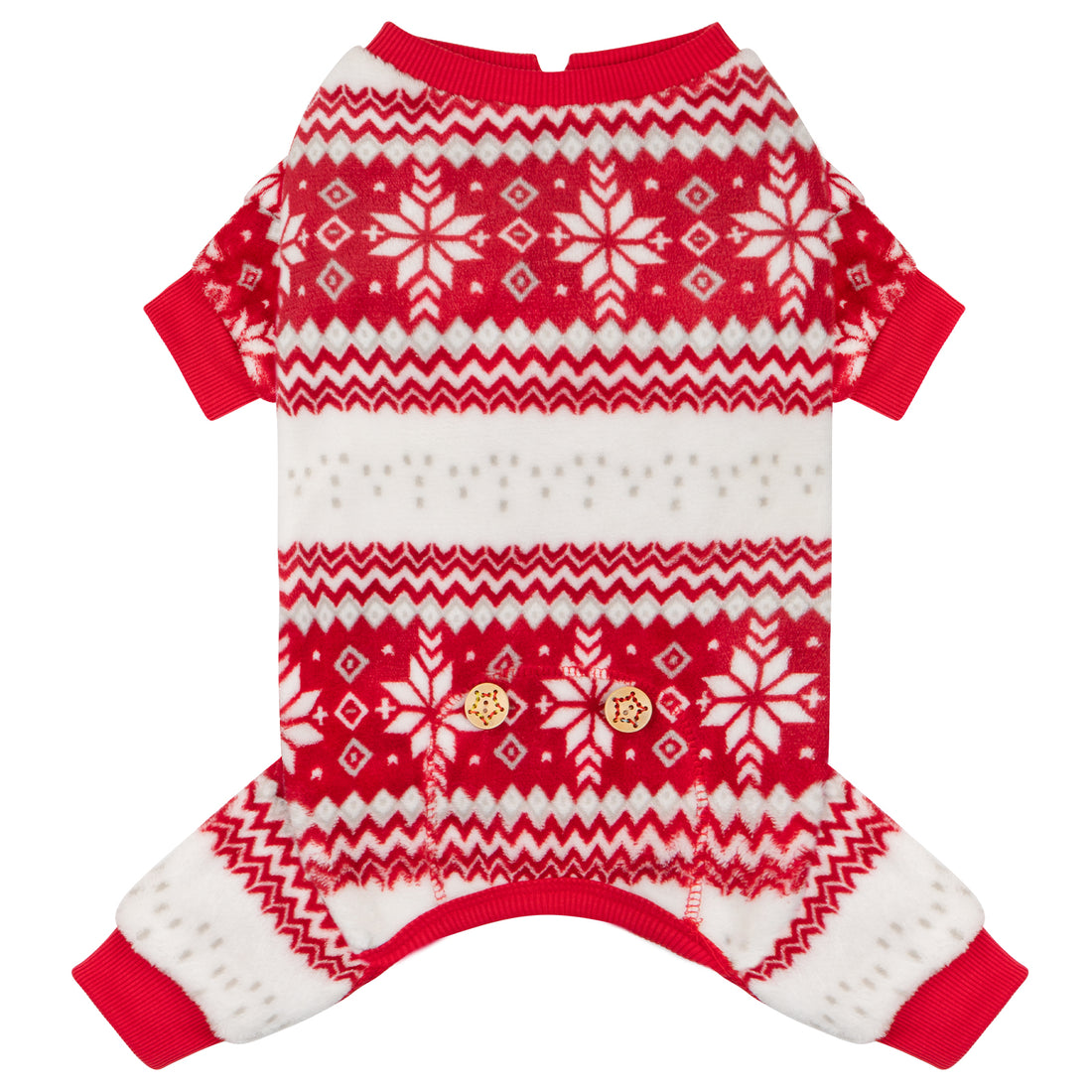 Dog Christmas pajama set back view with red cuffs and red-white snowflake pattern