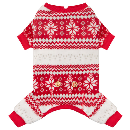 Dog Christmas pajama set back view with red cuffs and red-white snowflake pattern