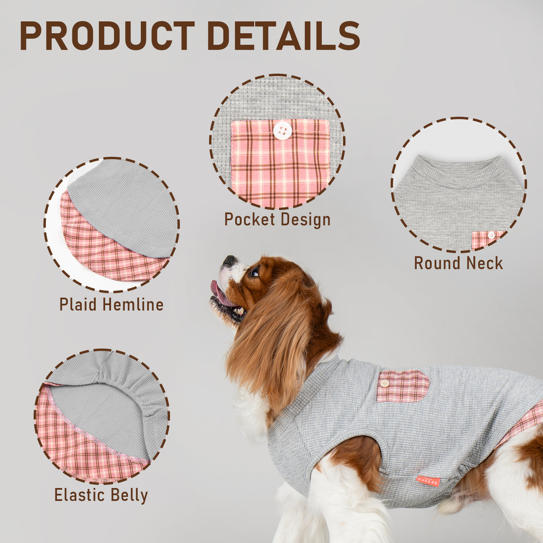 Grey sleeveless dog shirt with pink plaid pocket and pink plaid hem detail