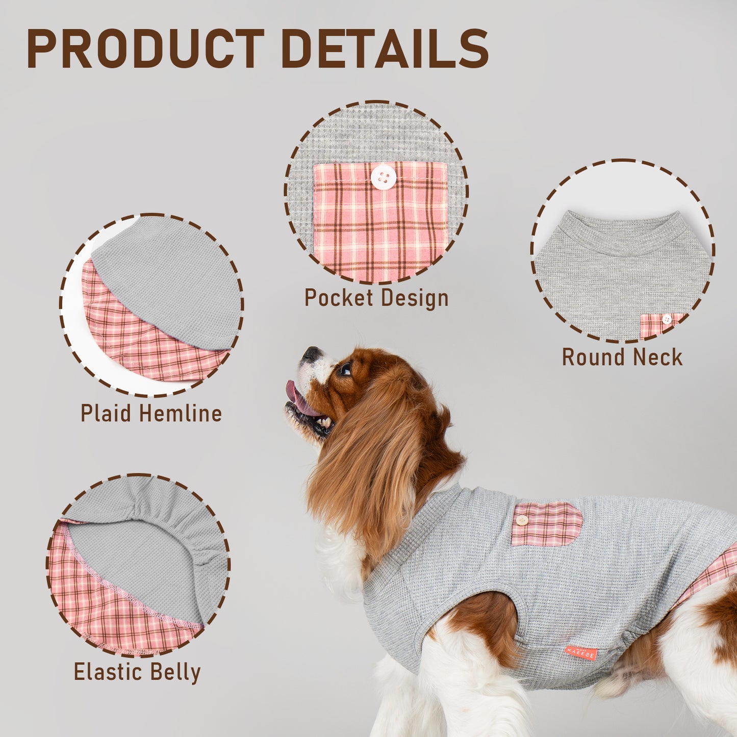Grey sleeveless dog shirt with pink plaid pocket and pink plaid hem detail