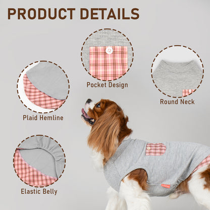 Grey sleeveless dog shirt with pink plaid pocket and pink plaid hem detail