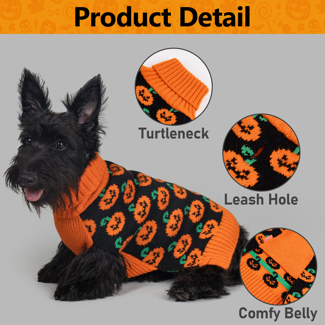 Orange knitted dog sweater with turtleneck, leash hole, and pumpkin pattern