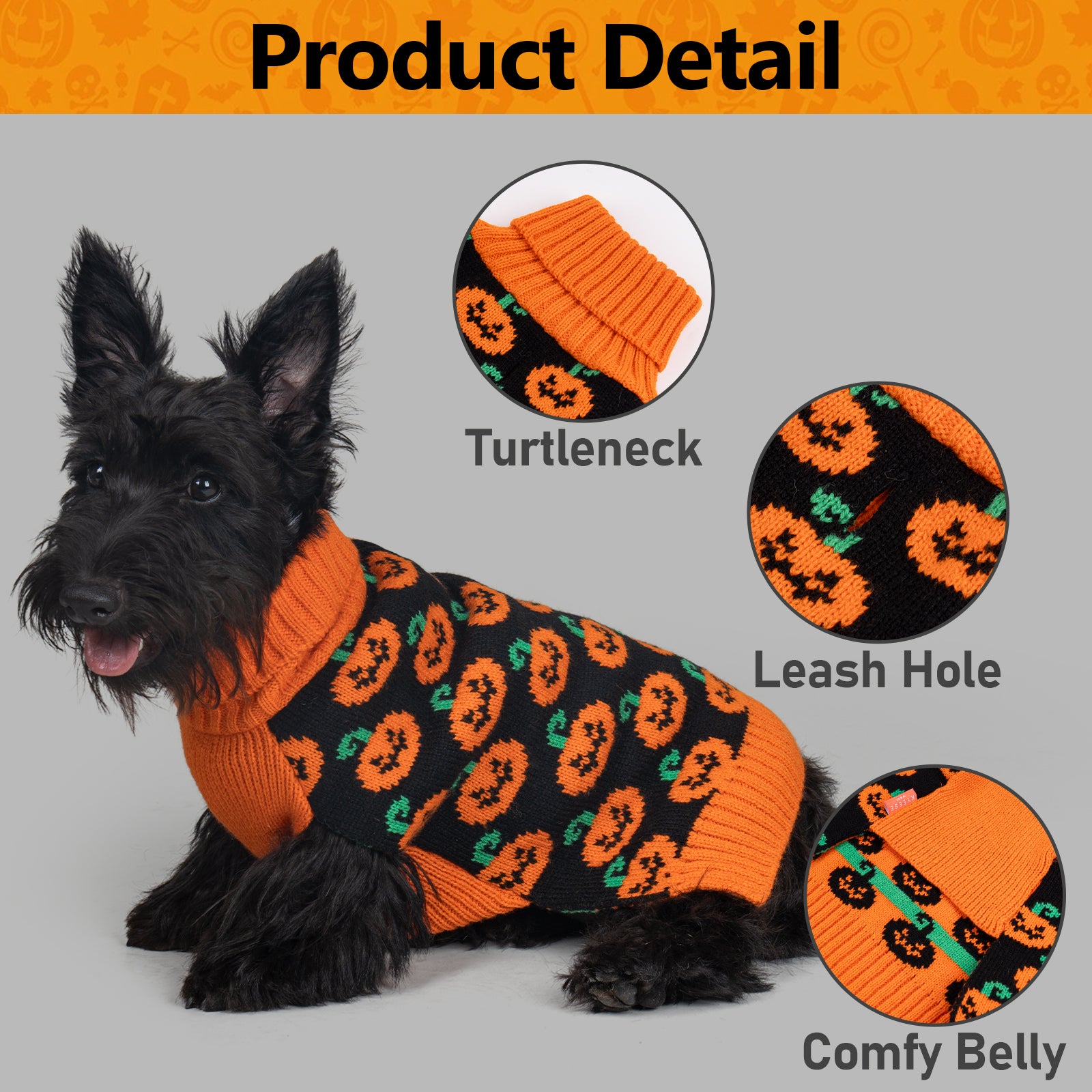 Orange knitted dog sweater with turtleneck, leash hole, and pumpkin pattern
