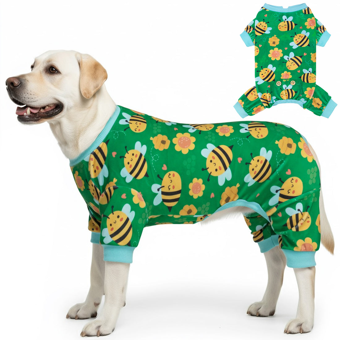 Green dog onesie pajamas with bee print and light blue collar, side view on standing dog.