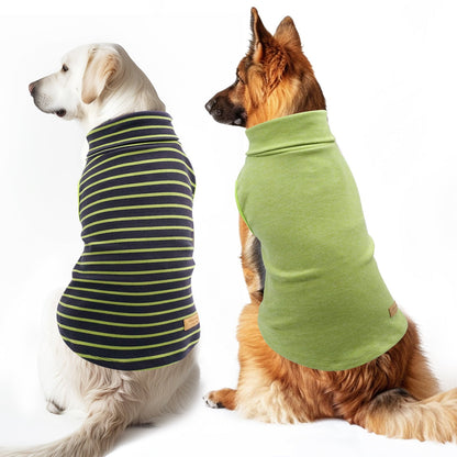 Navy-and-lime striped and lime green sleeveless dog turtleneck sweaters, two-pack