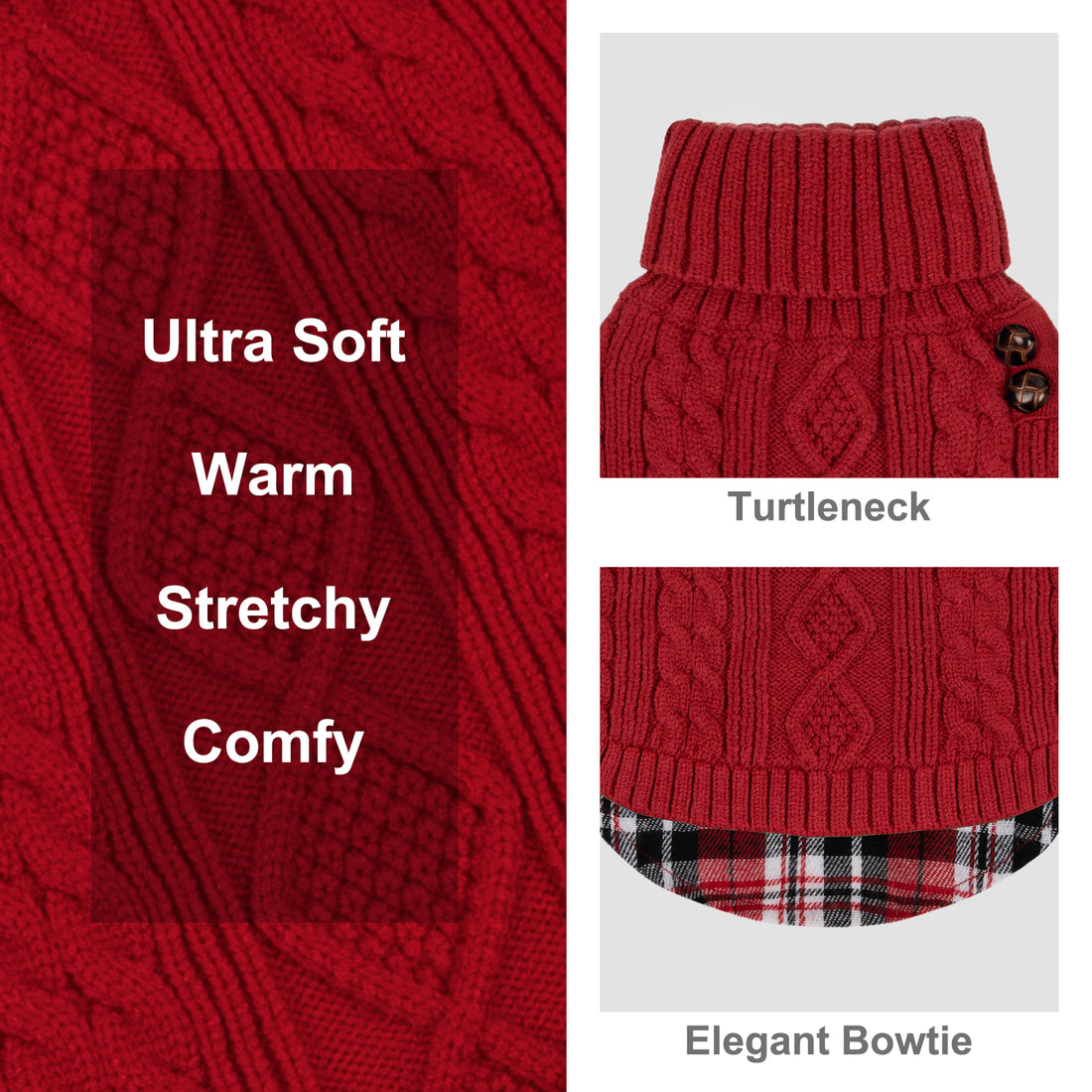 Red cable-knit dog sweater close-up with ribbed turtleneck and plaid hem
