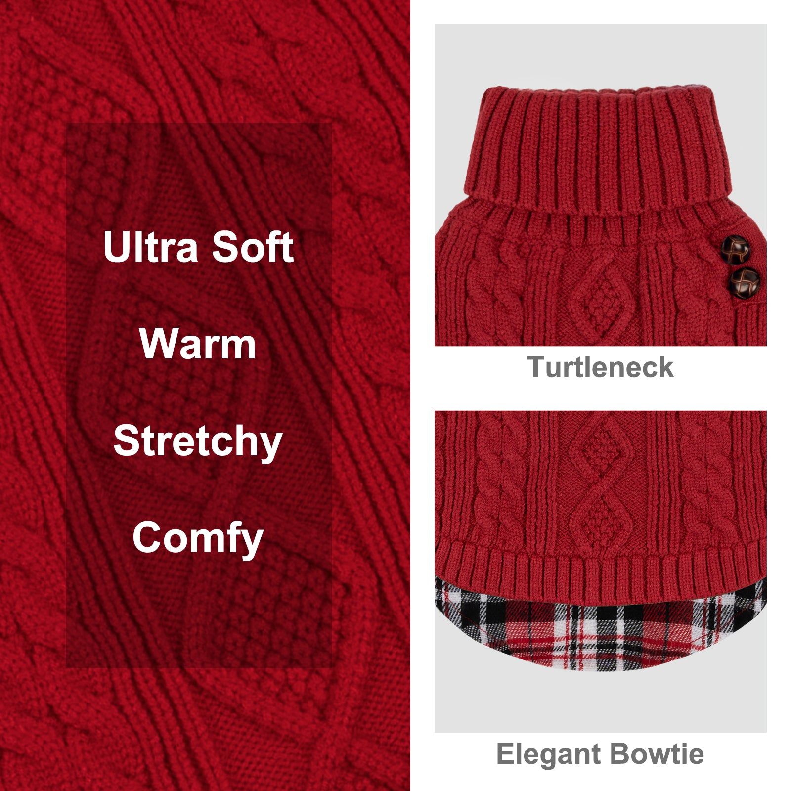 Red cable-knit dog sweater close-up with ribbed turtleneck and plaid hem