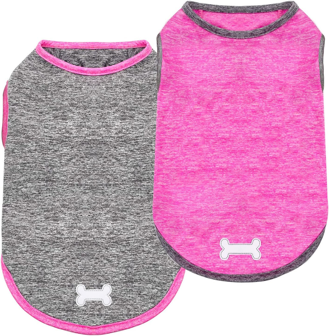 Two sleeveless dog shirts: heather gray and pink with neon trim
