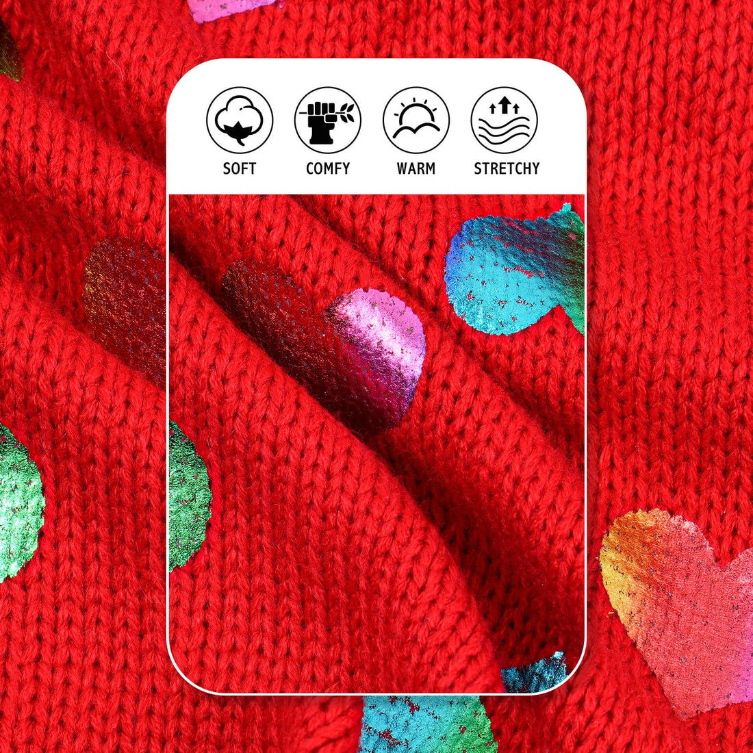 Red knit dog sweater fabric detail with iridescent heart foil accents