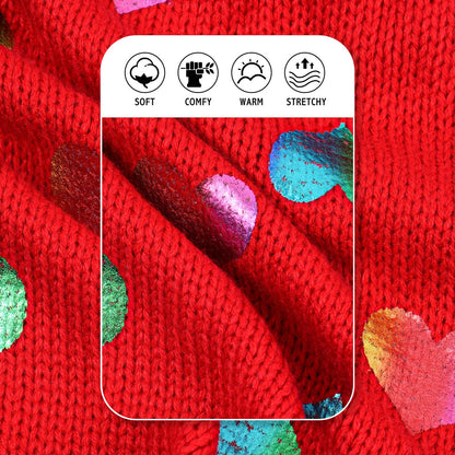 Red knit dog sweater fabric detail with iridescent heart foil accents