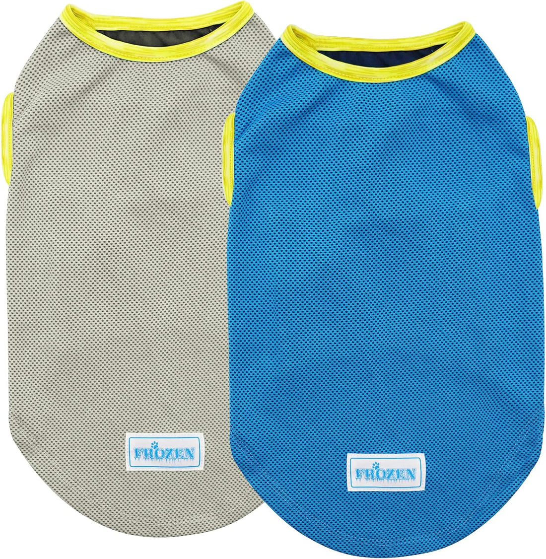 Dog cooling shirt 2 pack: gray mesh and blue mesh, both with yellow trim and tags.