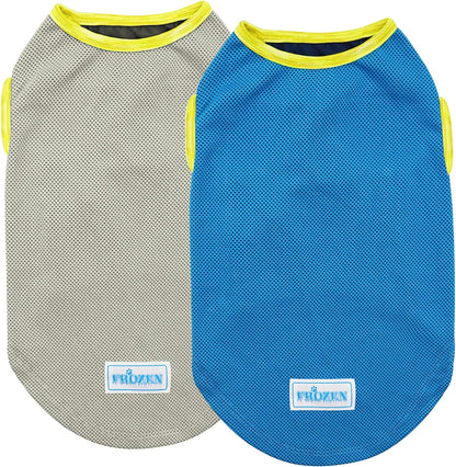 Dog cooling shirt 2 pack: gray mesh and blue mesh, both with yellow trim and tags.