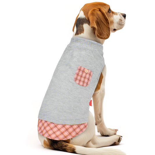 Grey sleeveless dog shirt with pink plaid pocket and plaid hem band