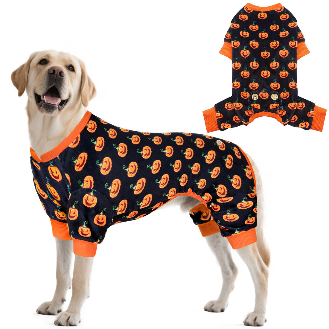 Dog Halloween pajamas in dark navy with orange pumpkin print and orange ribbed leg cuffs