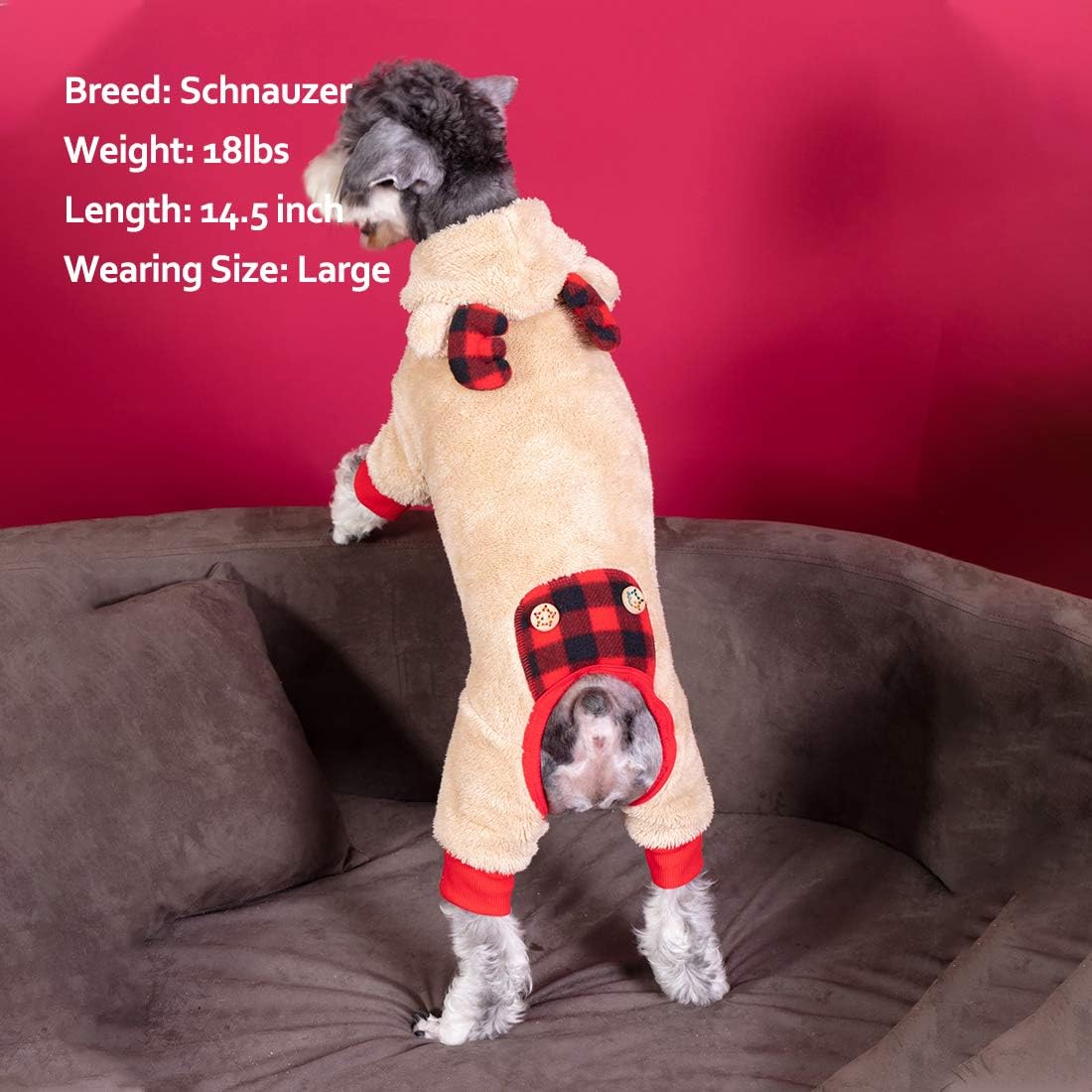 Tan fleece dog onesie with reindeer antler hood, plaid front, and red ribbed legs
