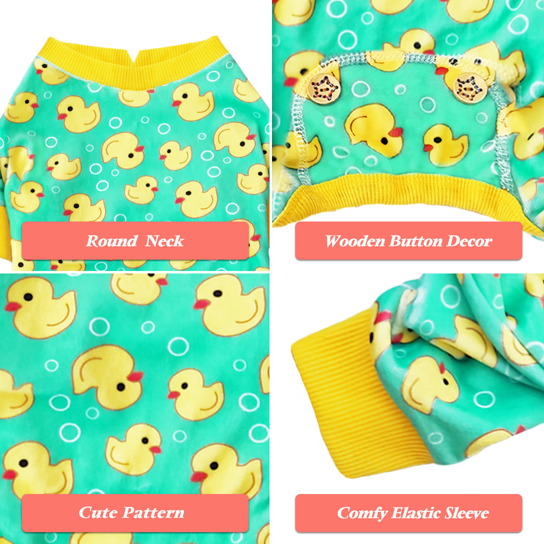 Duck print dog onesie pajamas in teal with yellow cuffs and round neckline