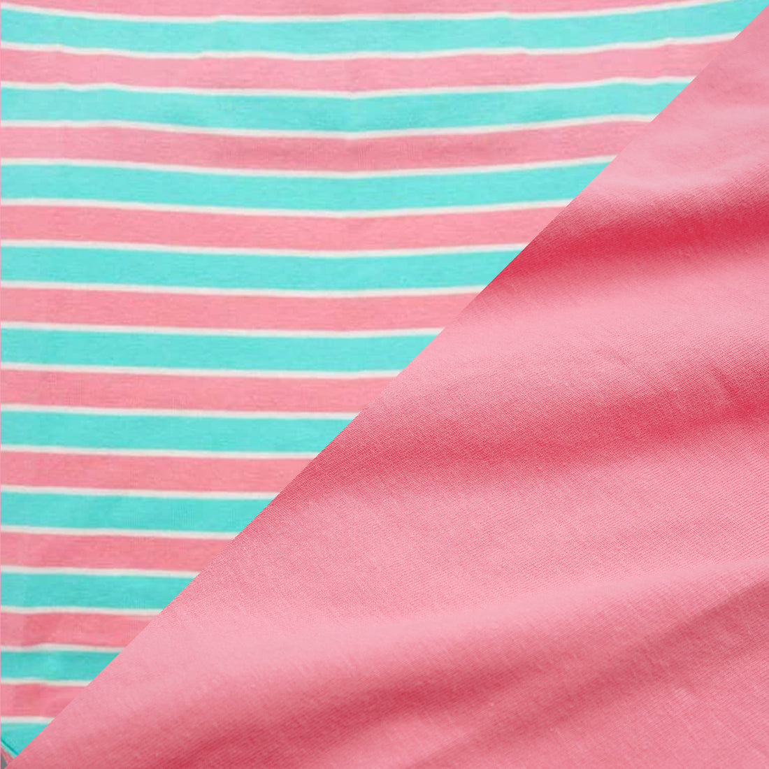 Lightweight dog shirt fabric close-up with teal and pink horizontal stripes