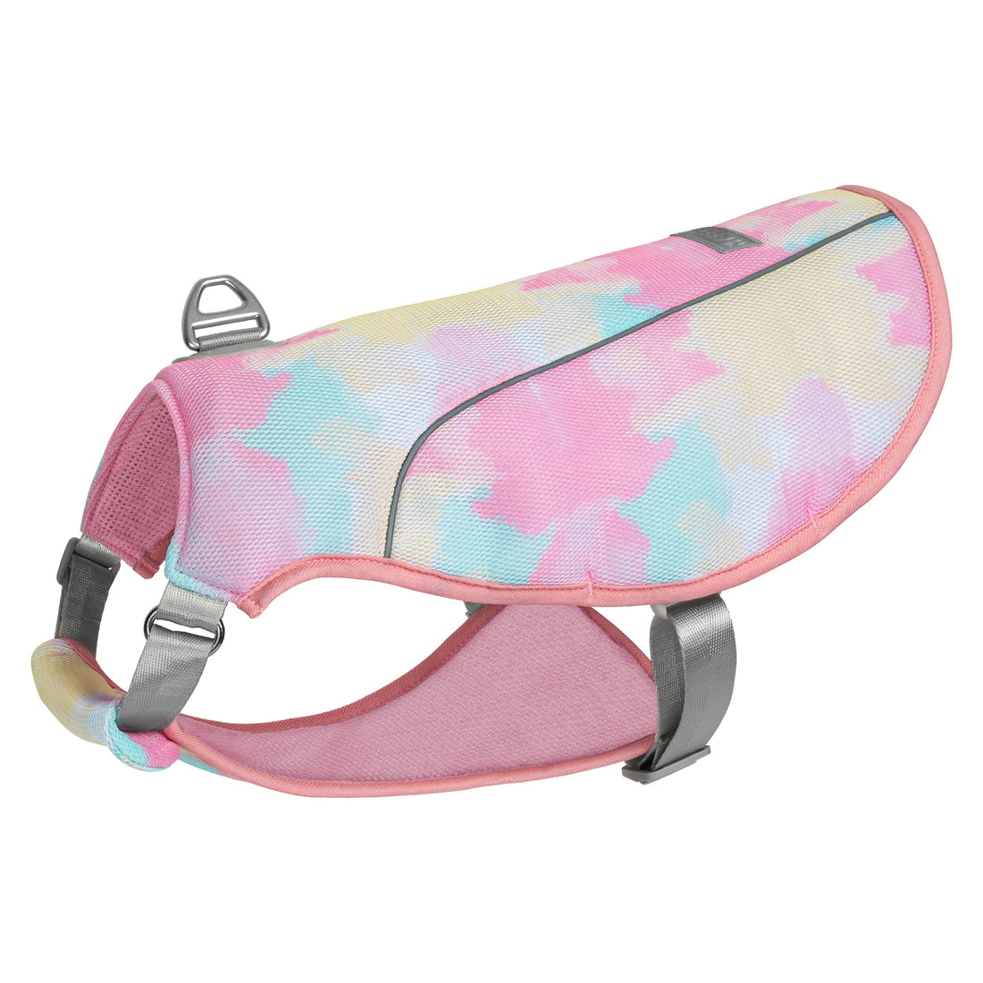 Pink dog cooling vest with watercolor print, mesh sleeves, and adjustable gray straps